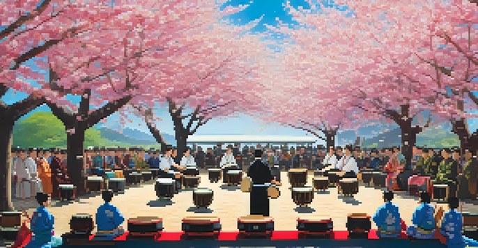 A lively taiko drumming performance at Nisei Week Festival, with drummers in yukatas and cherry blossoms in the background.