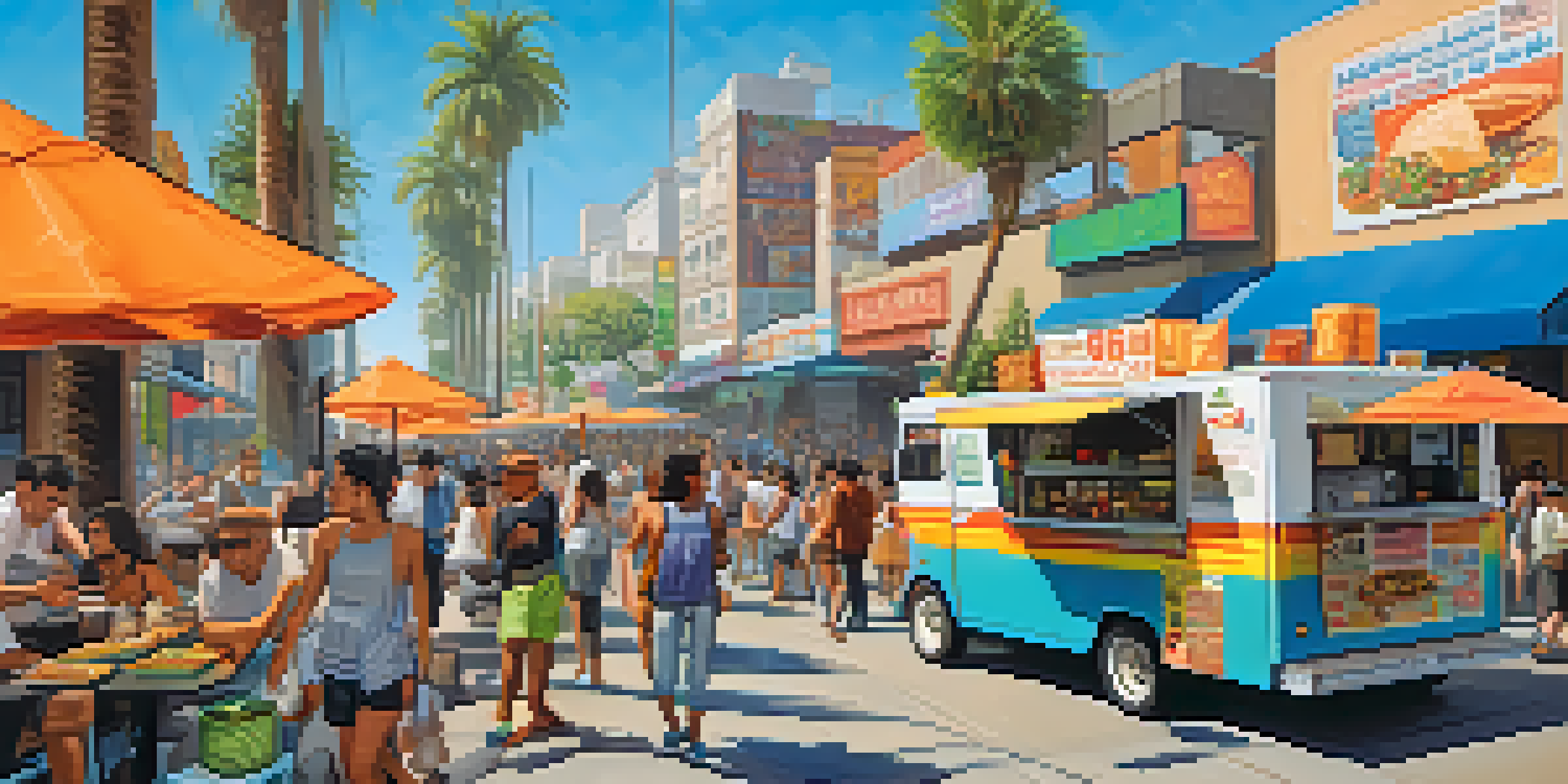 A lively street scene in Los Angeles with food trucks of various cuisines, people enjoying meals, and palm trees in the background.