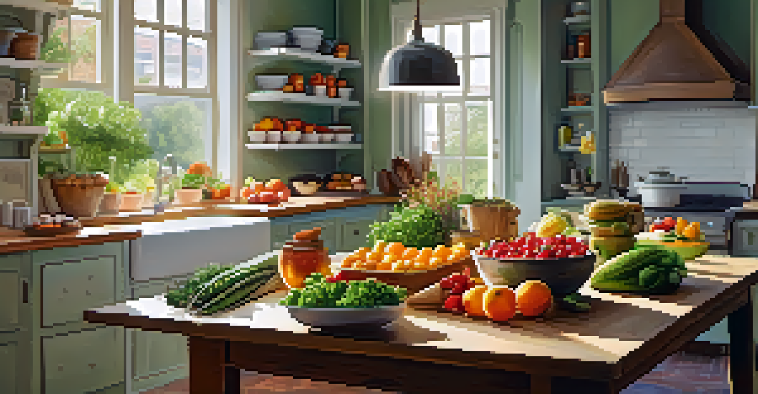 A kitchen scene with a table full of colorful ingredients and an open cookbook.