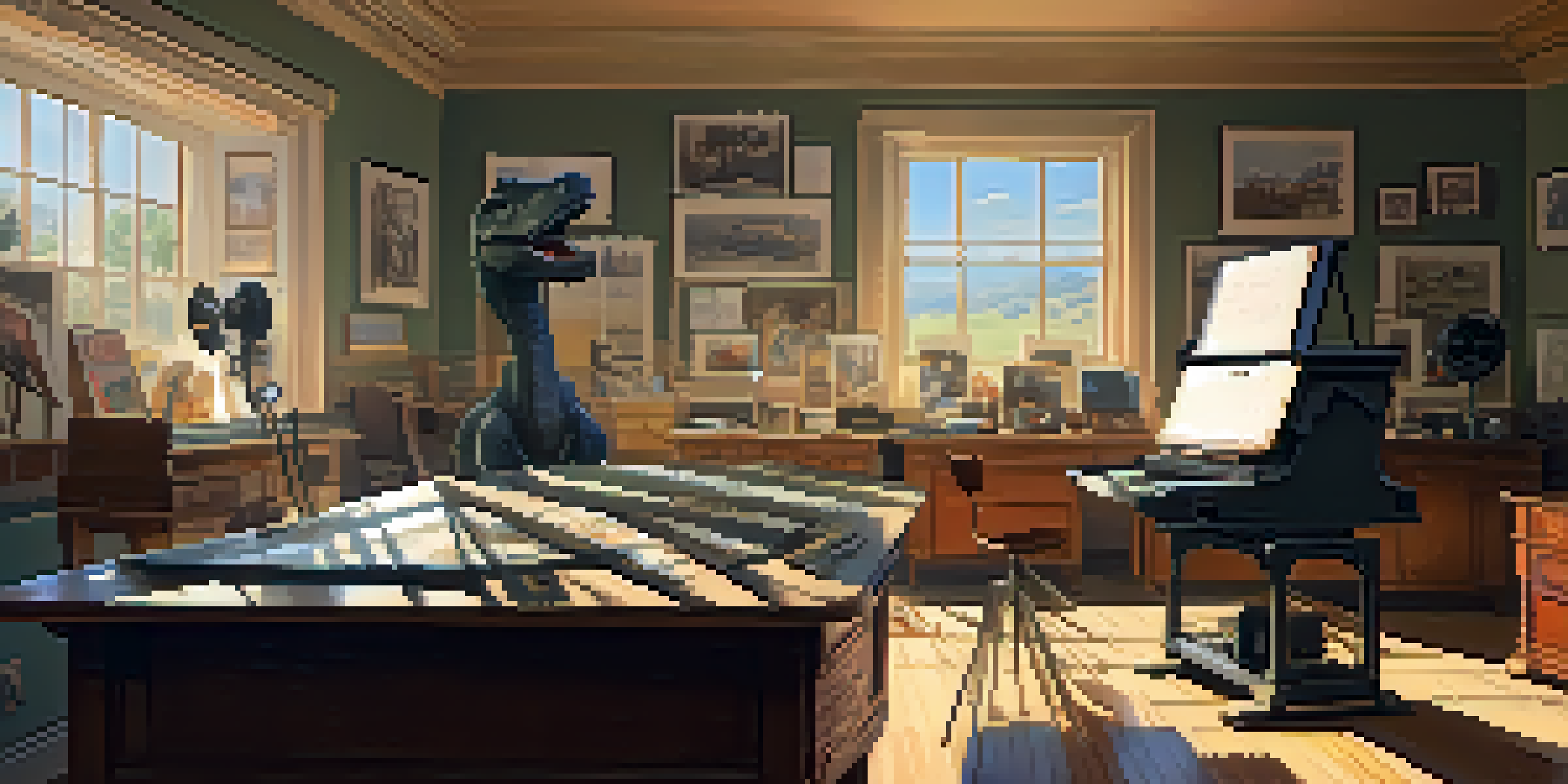 A vintage animation studio with sketches and a projector showing a dinosaur animation, illuminated by warm sunlight.