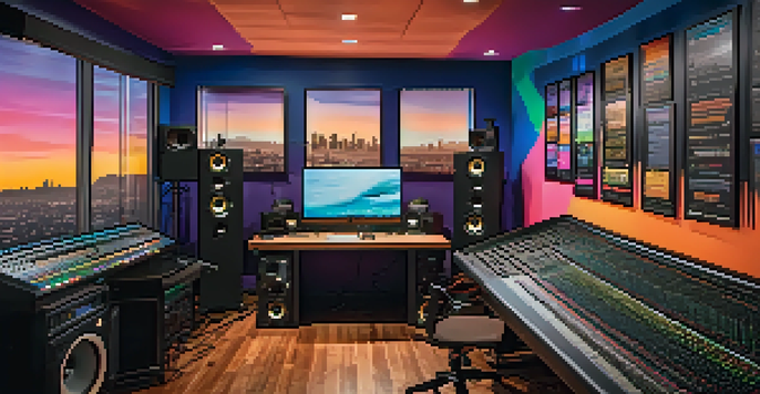 A lively podcast studio in Los Angeles with colorful interiors, microphones, and a view of the city skyline.