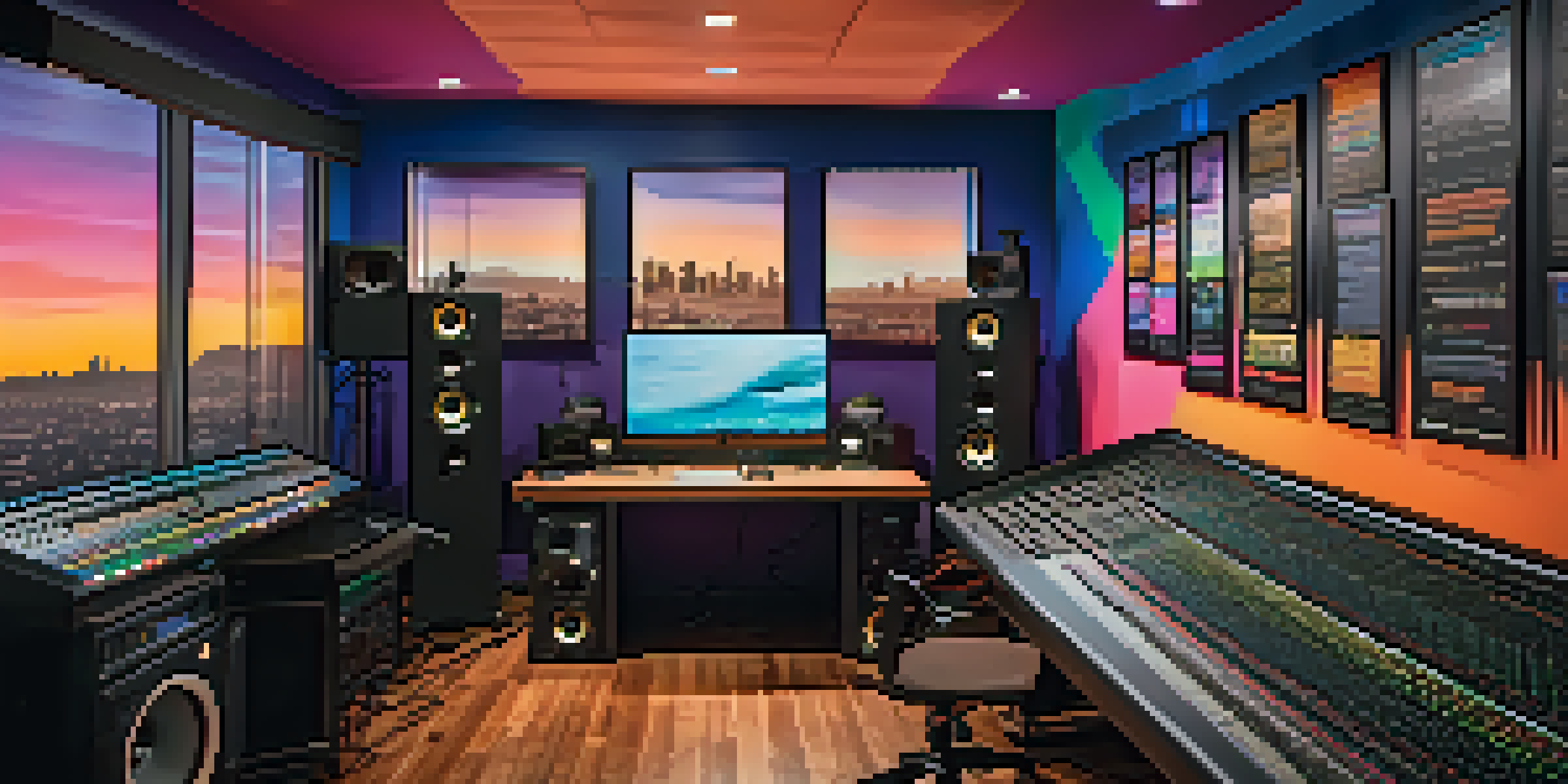 A lively podcast studio in Los Angeles with colorful interiors, microphones, and a view of the city skyline.