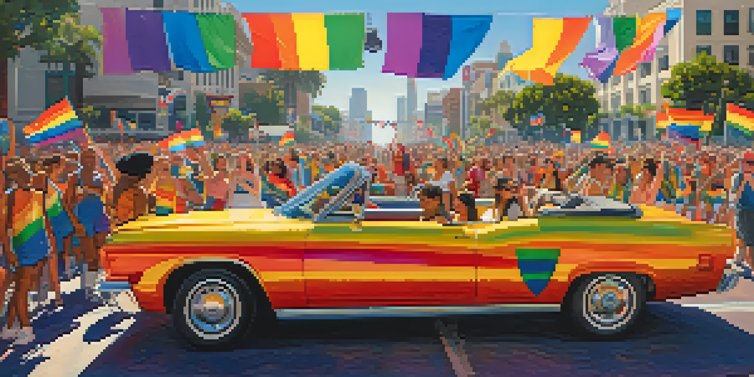 A lively parade scene with people celebrating at the LA Pride Parade, surrounded by rainbow flags and bright costumes against a sunny backdrop of Los Angeles.