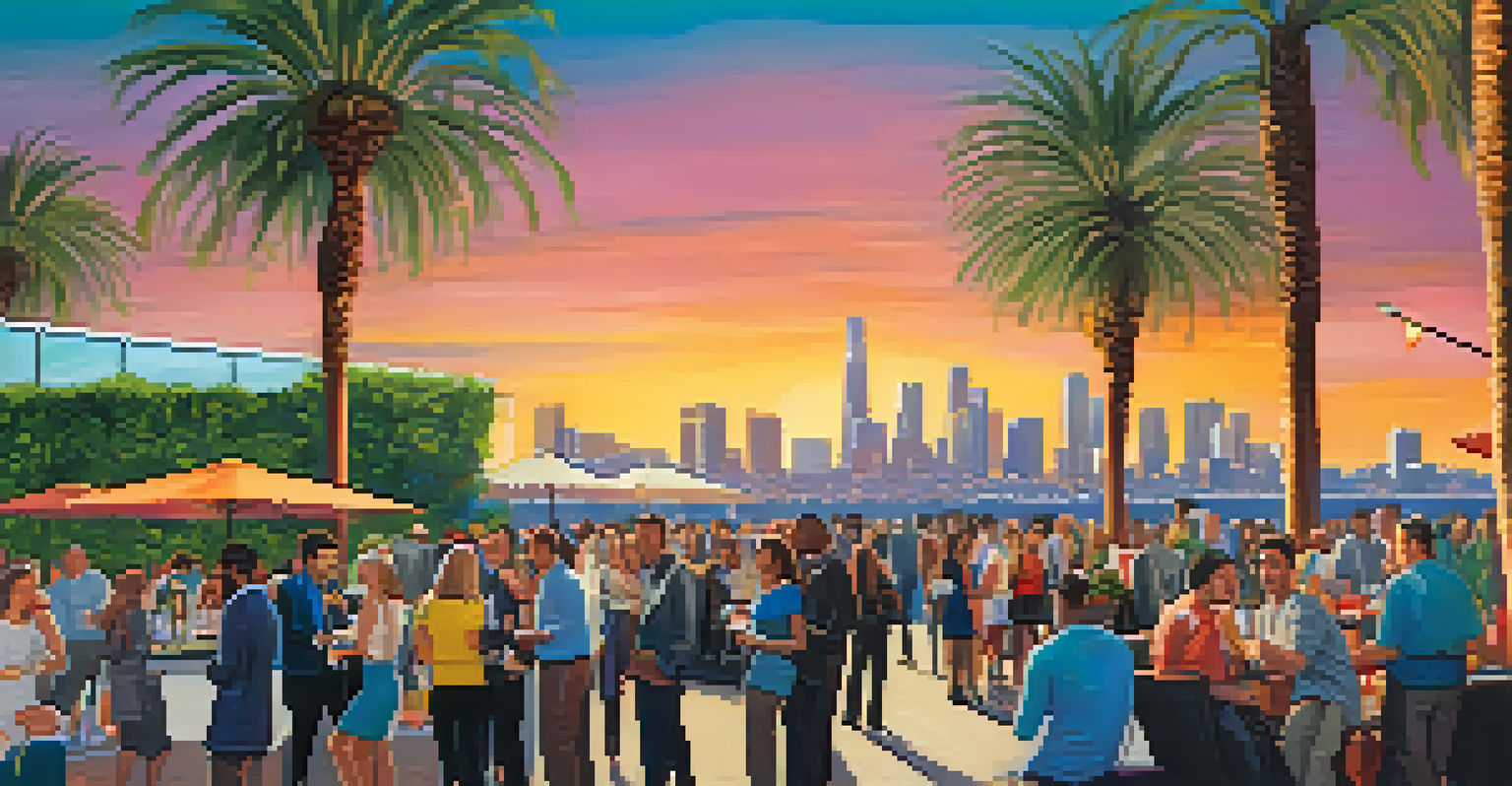 An outdoor networking event in Los Angeles with entrepreneurs mingling amidst palm trees and a city skyline.