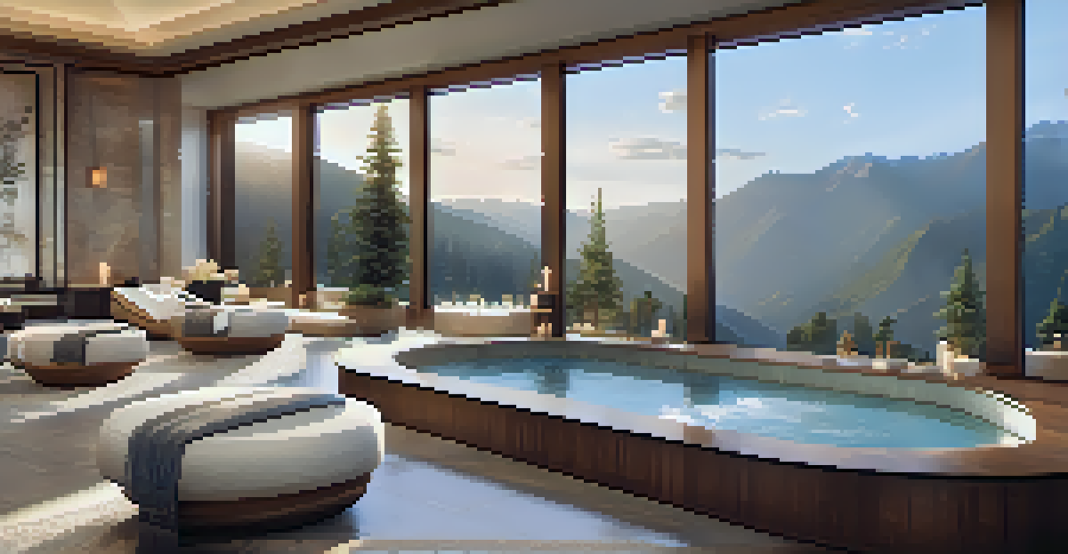 A luxurious spa retreat interior with lounge chairs and a view of scenic mountains.