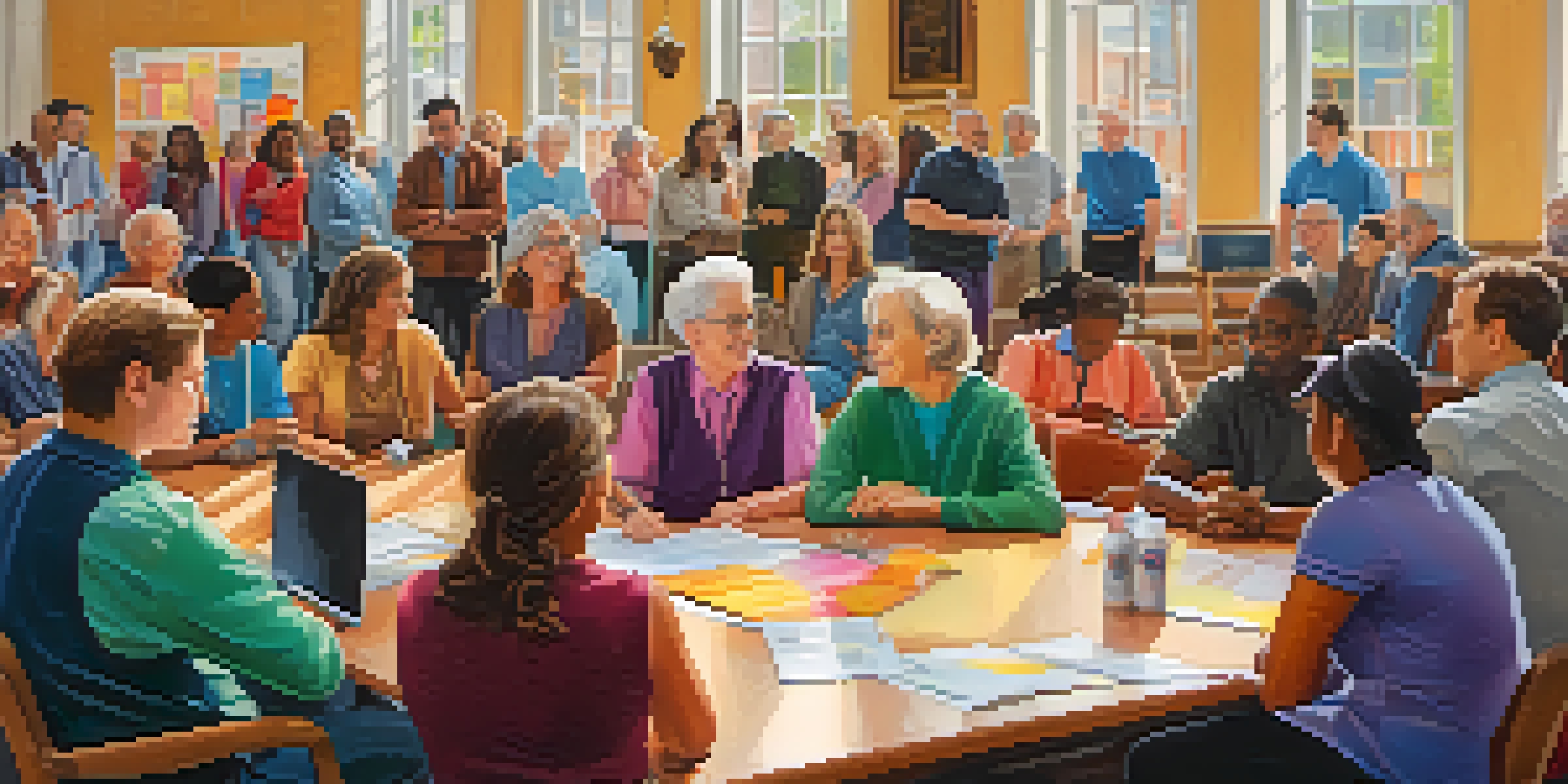 A town hall meeting with diverse community members discussing safety initiatives, colorful posters in the background, and natural light coming through the windows.