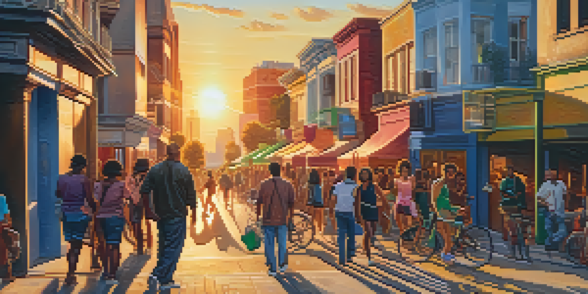 A lively urban street filled with diverse people, colorful street art, and a warm sunset casting golden light.