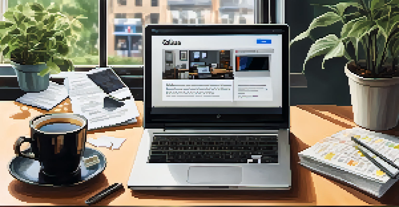An office desk with a laptop and notes on crisis communication strategies, alongside a smartphone with social media updates and a cup of coffee.