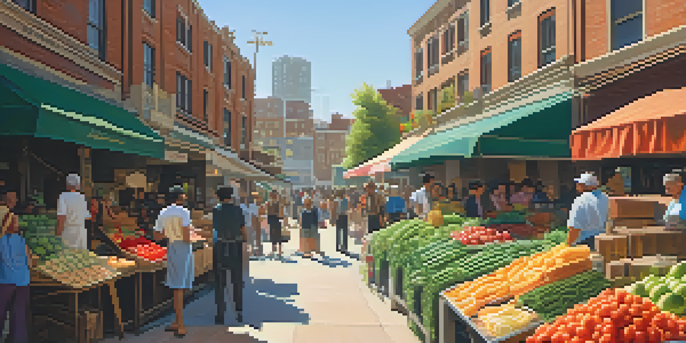 A lively urban market with diverse stalls selling fresh produce, set against a backdrop of modern and historical buildings under warm sunlight.