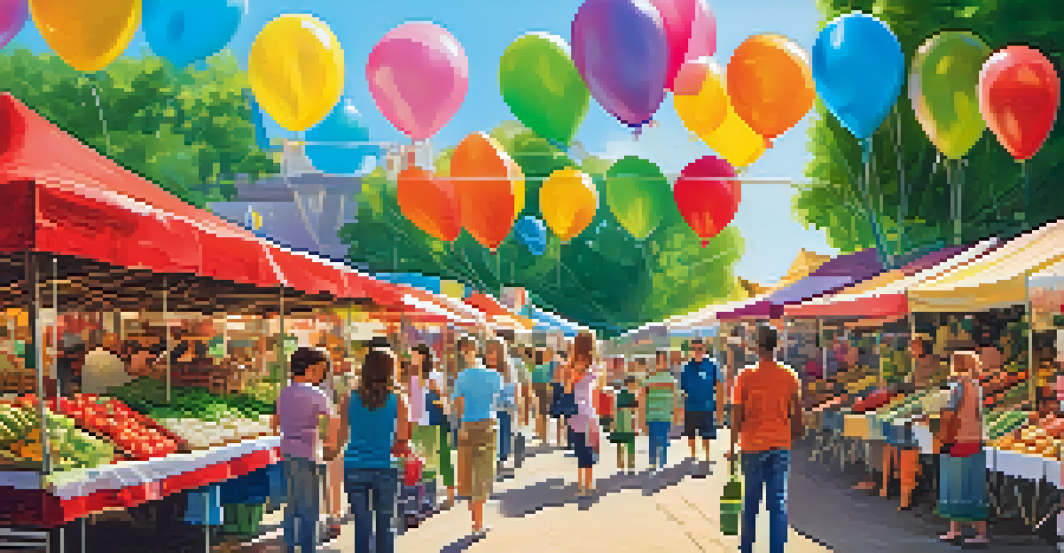 A family-friendly market scene with children getting face painting and families shopping for organic produce.