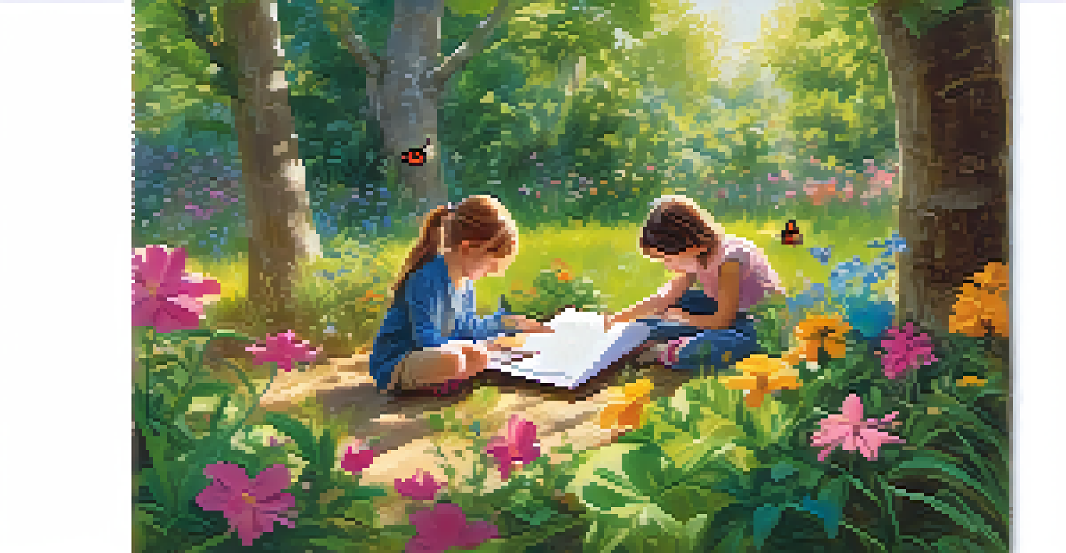 Children exploring nature outdoors, one observing a butterfly and another sketching a tree, surrounded by lush greenery and sunlight.
