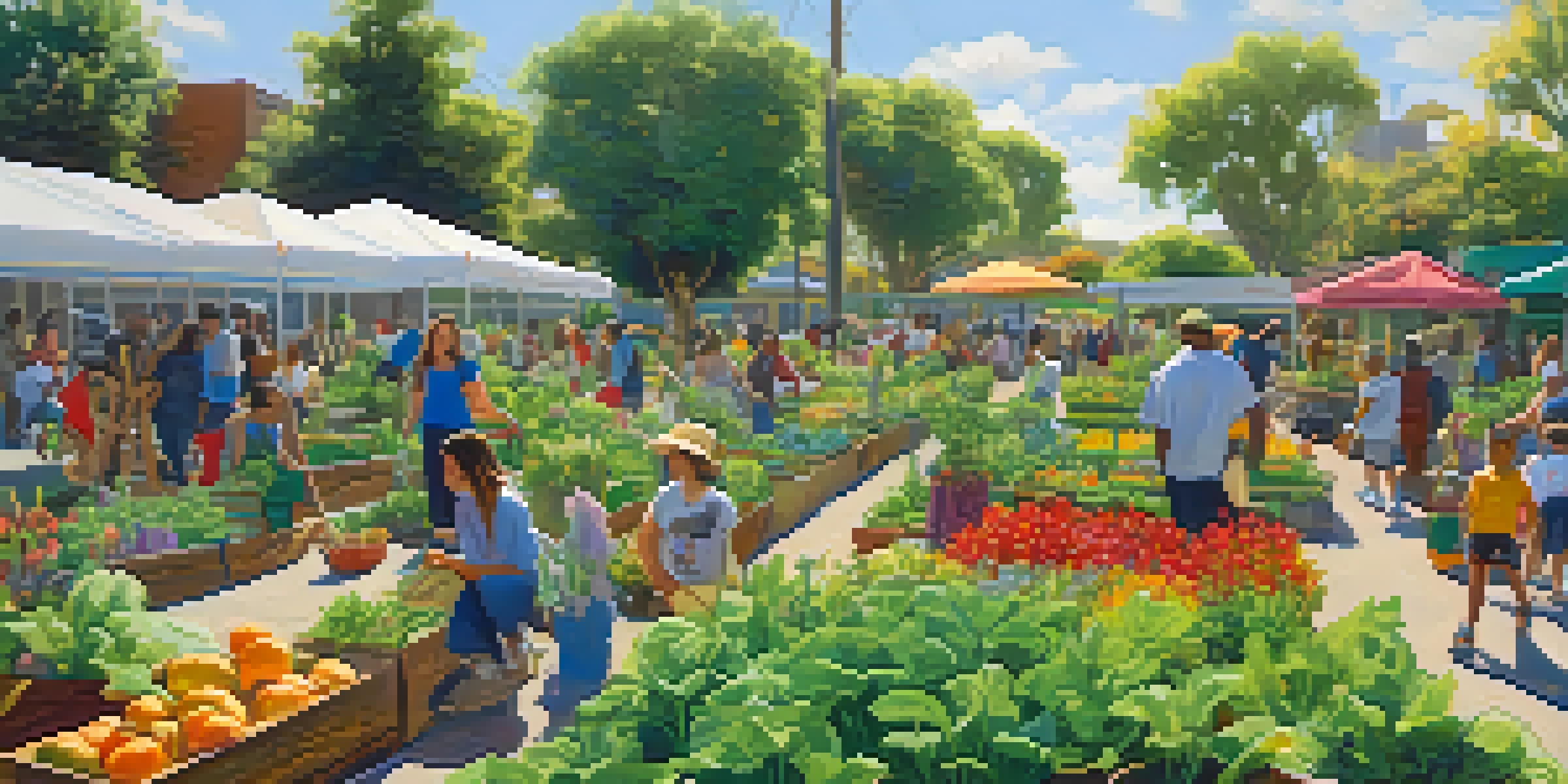 A community garden in Los Angeles with residents tending to colorful plants and vegetables under a sunny sky.