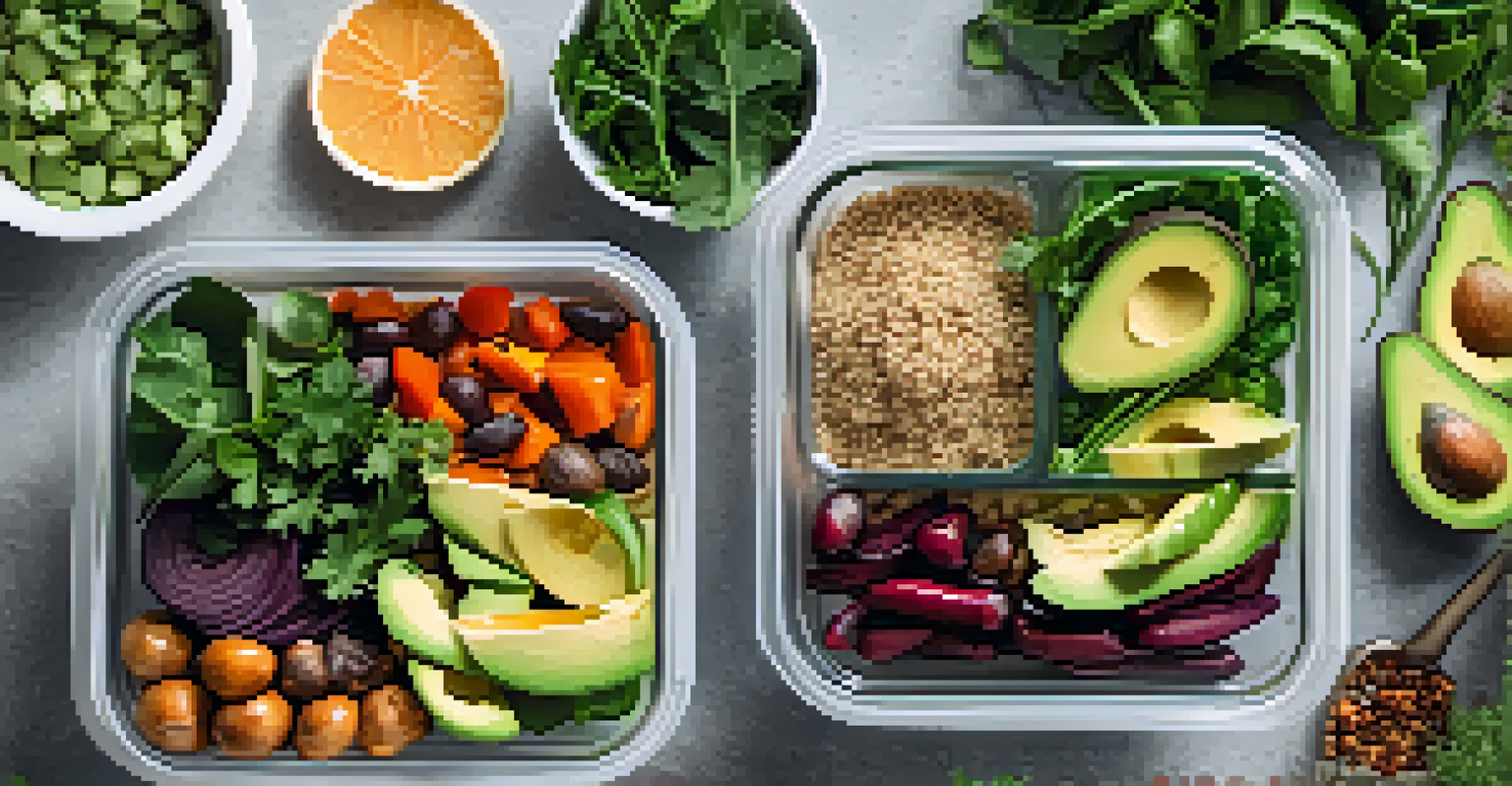 A flat lay of a healthy meal prep spread with containers of quinoa, roasted vegetables, and fresh herbs.