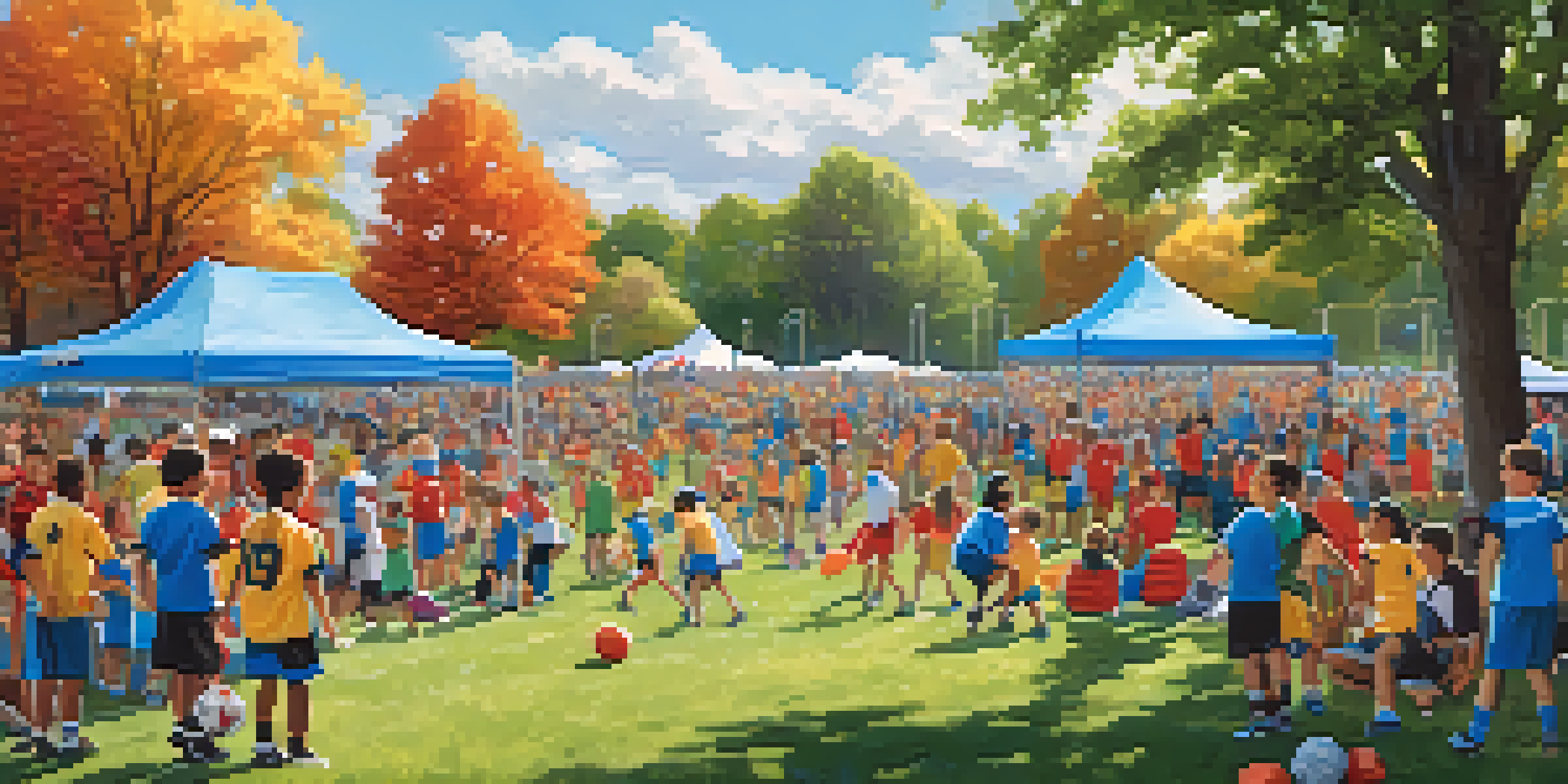 A lively community sports event with families and friends cheering for a youth soccer game in a park, colorful banners, and children in uniforms under a bright blue sky.