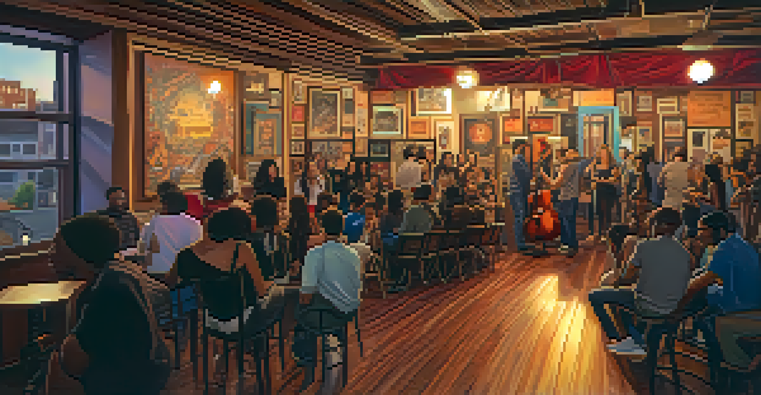 A cozy music venue showcasing local artists with an engaged audience, adorned with local artwork and warm lighting.