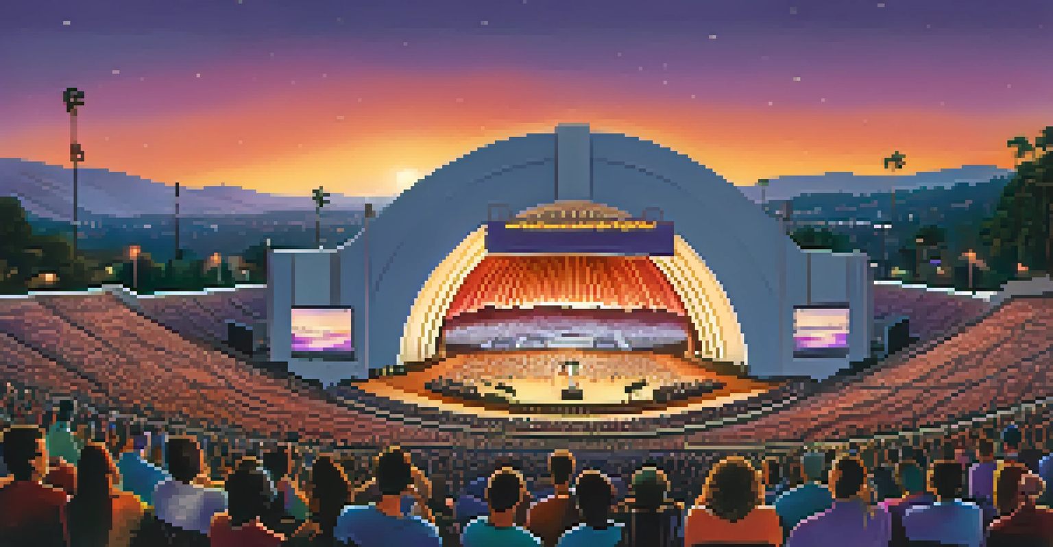 A breathtaking sunset view of the Hollywood Bowl with a large audience attending a live concert, surrounded by colorful skies and illuminated stage lights.