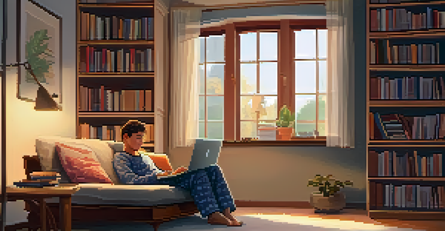 A student in pajamas attentively watching a video lecture on a laptop in a cozy home setting with warm lighting.