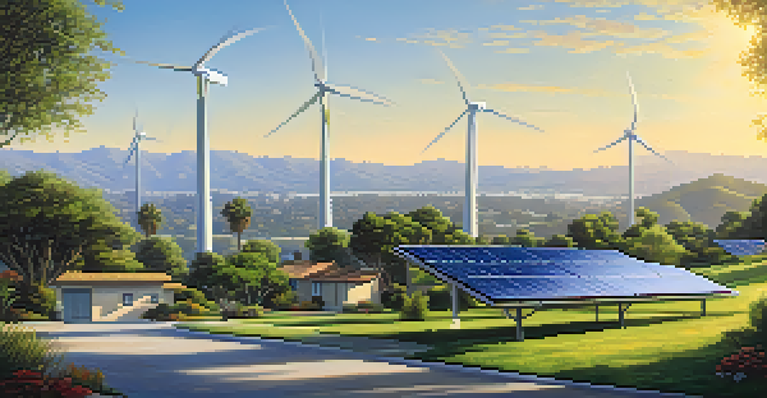 A peaceful view of solar panels and wind turbines in Los Angeles, surrounded by greenery under a clear blue sky.