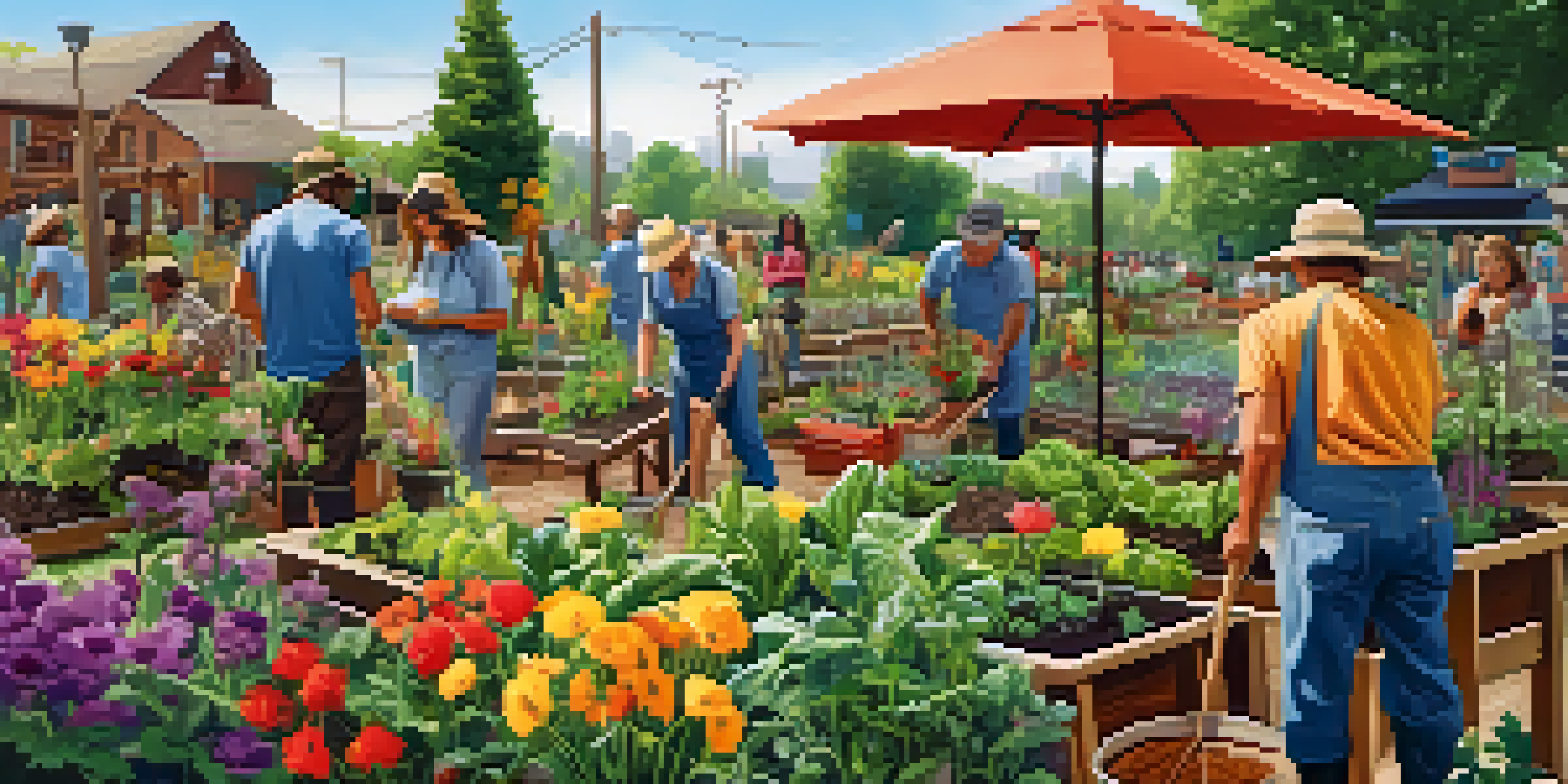 A lively community garden with people of different backgrounds working together, surrounded by colorful flowers and vegetables.