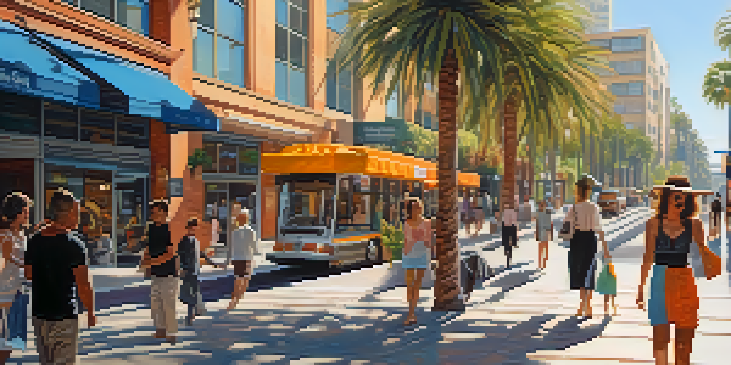 A lively street in Los Angeles with pedestrians, cafes, and modern buildings under a clear blue sky.