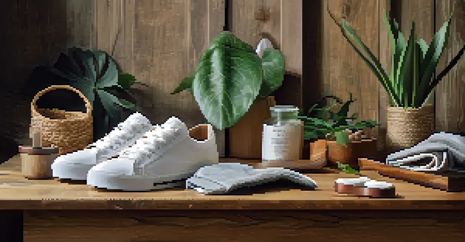 A close-up view of sustainable fashion items on a wooden table, showcasing eco-friendly clothing and accessories in soft natural lighting.
