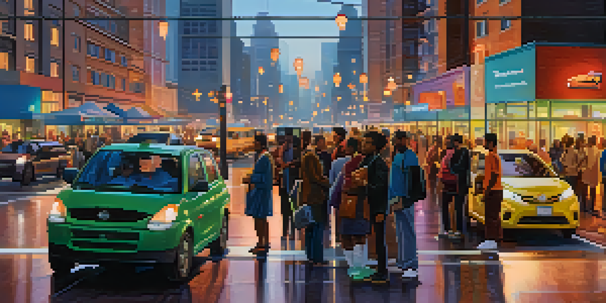 A busy city street at dusk with people waiting for ride-sharing cars, illuminated skyscrapers in the background.