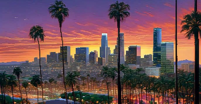 A sunset cityscape of Los Angeles with modern buildings and palm trees, featuring diverse people participating in community activities.