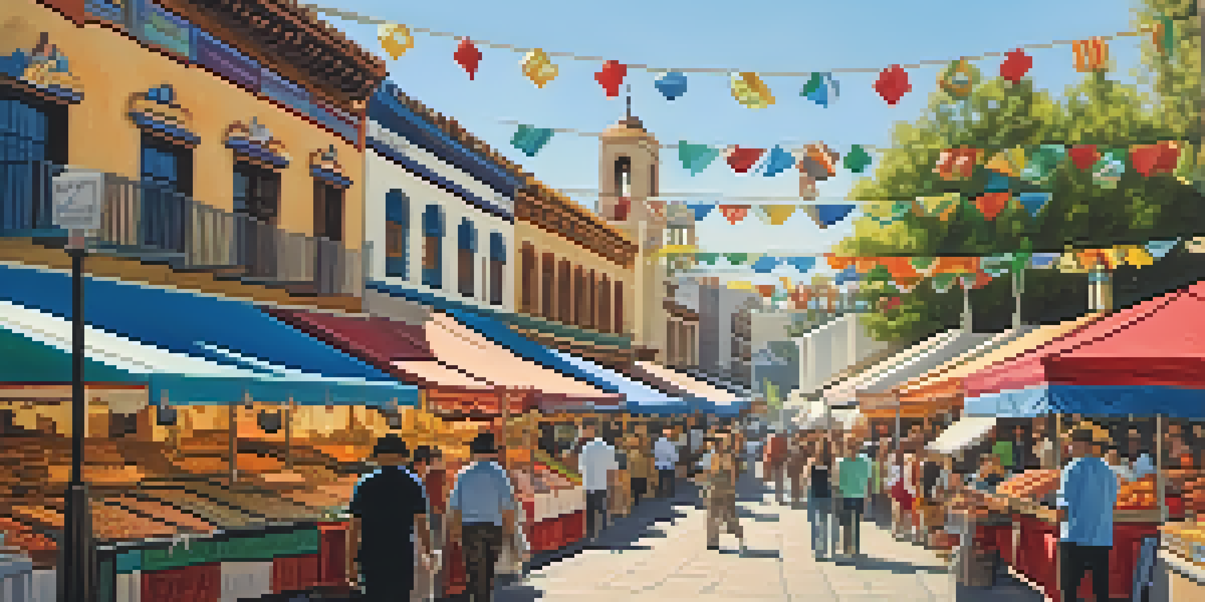A busy marketplace at Olvera Street in Los Angeles, with colorful stalls and historic buildings under bright sunlight.