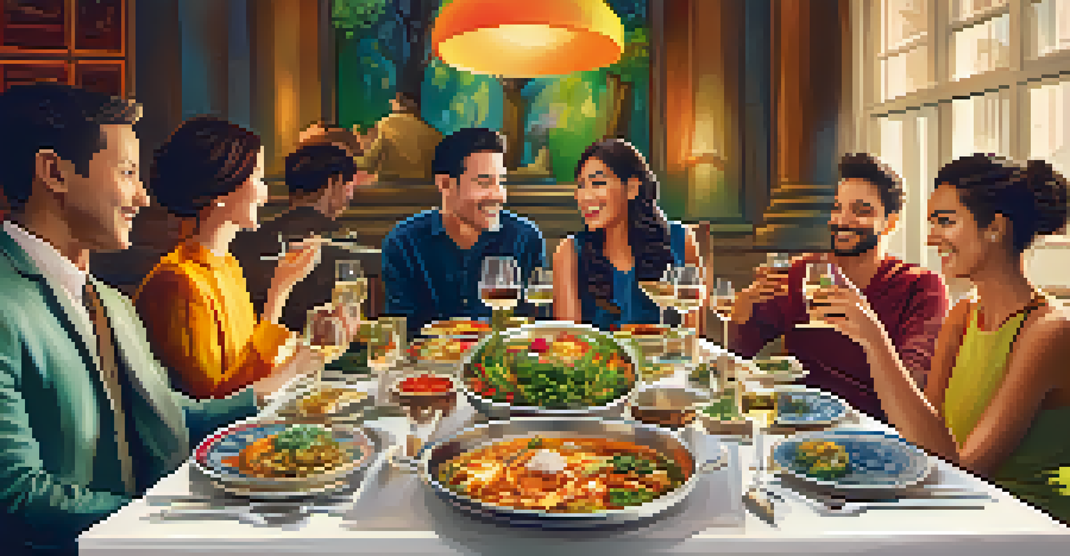 A diverse group of people enjoying a vibrant meal at a long table filled with colorful dishes, surrounded by warm lighting and lively conversation.