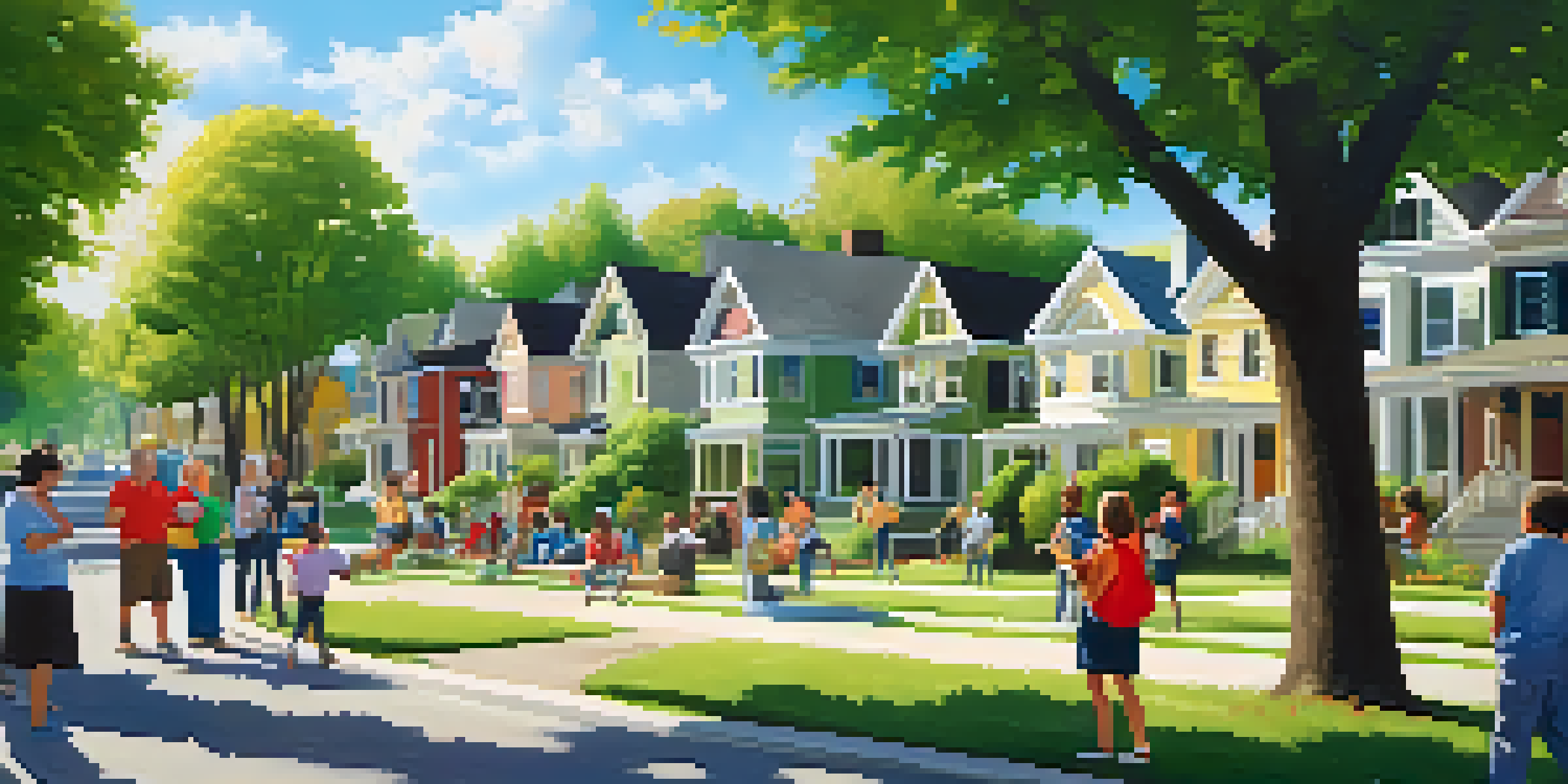 A diverse group of residents having a Neighborhood Watch meeting in a sunny park with trees and children playing.