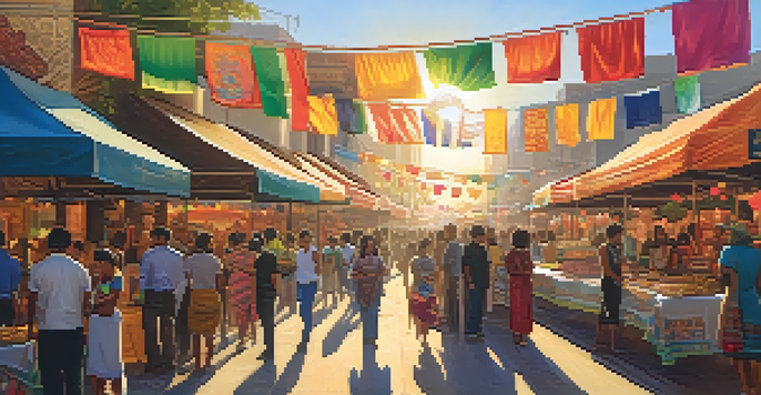 A lively street festival in Los Angeles featuring a diverse crowd, colorful banners, food stalls, and a warm sunset.