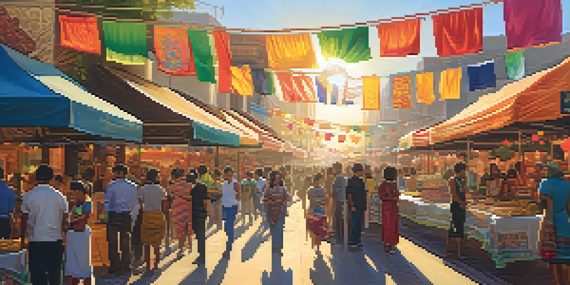 A lively street festival in Los Angeles featuring a diverse crowd, colorful banners, food stalls, and a warm sunset.