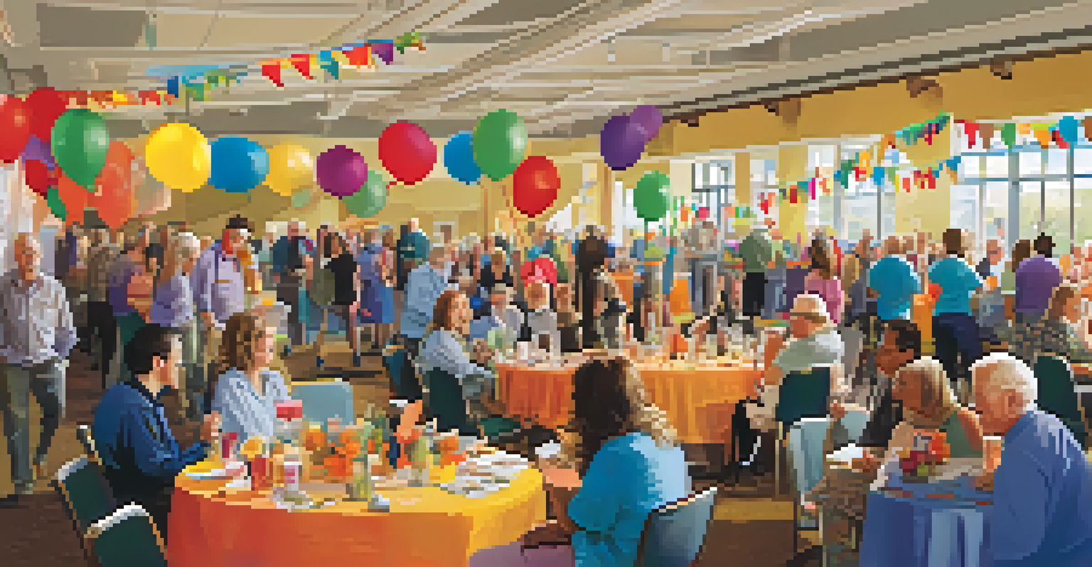A lively community center fundraiser with volunteers engaging with attendees, surrounded by informational tables and colorful decorations.