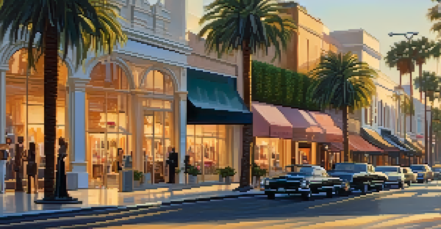 A glamorous view of West Hollywood featuring high-end designer boutiques along a palm tree-lined street during golden hour.