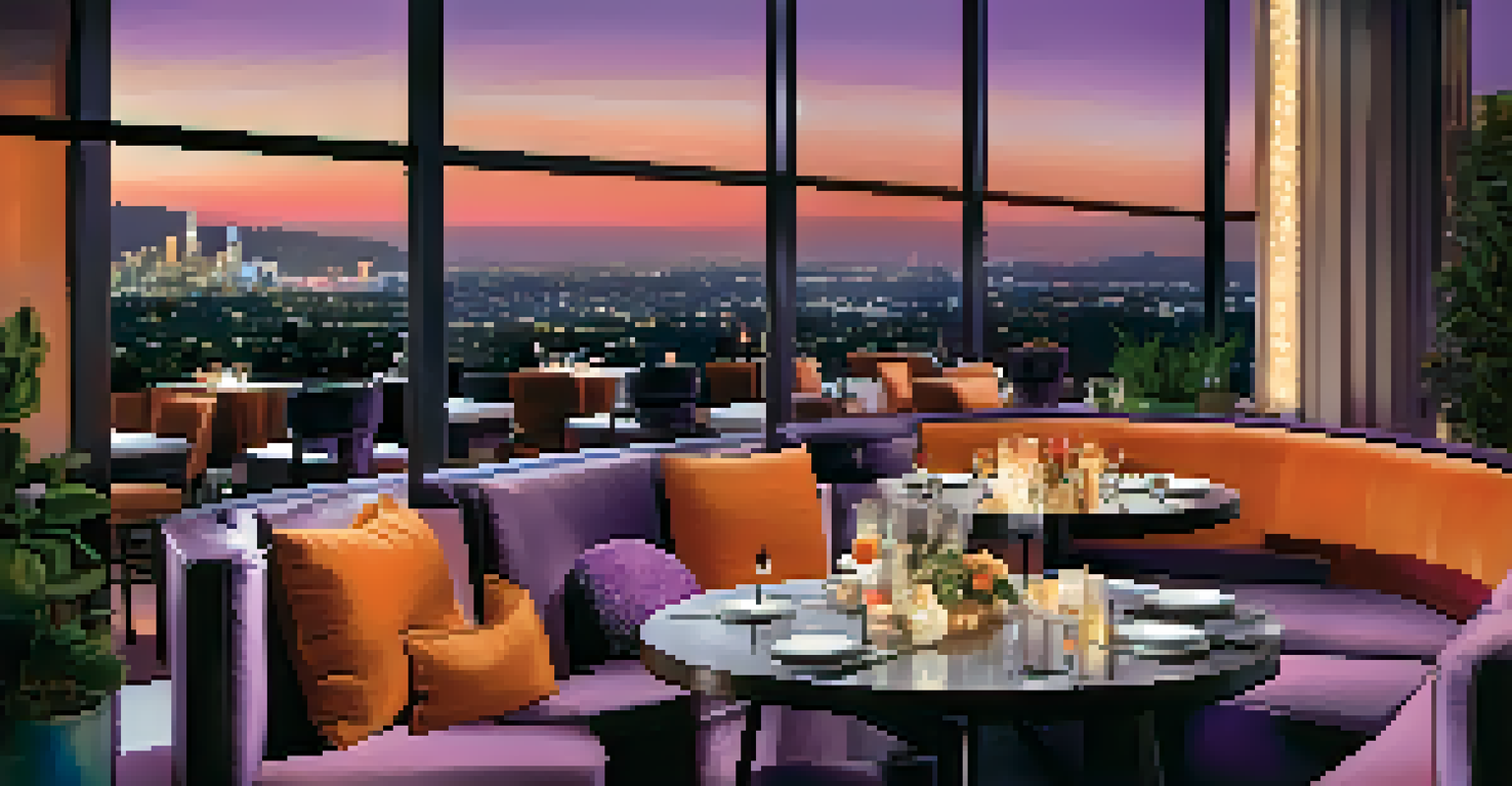 An elegant rooftop bar setting with plush seating, gourmet food, and stunning views of the Hollywood Hills at sunset.