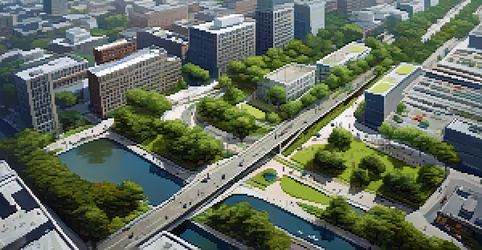 Aerial view of a city with green infrastructure, including rain gardens and elevated roadways, highlighting the blend of urban development and nature.