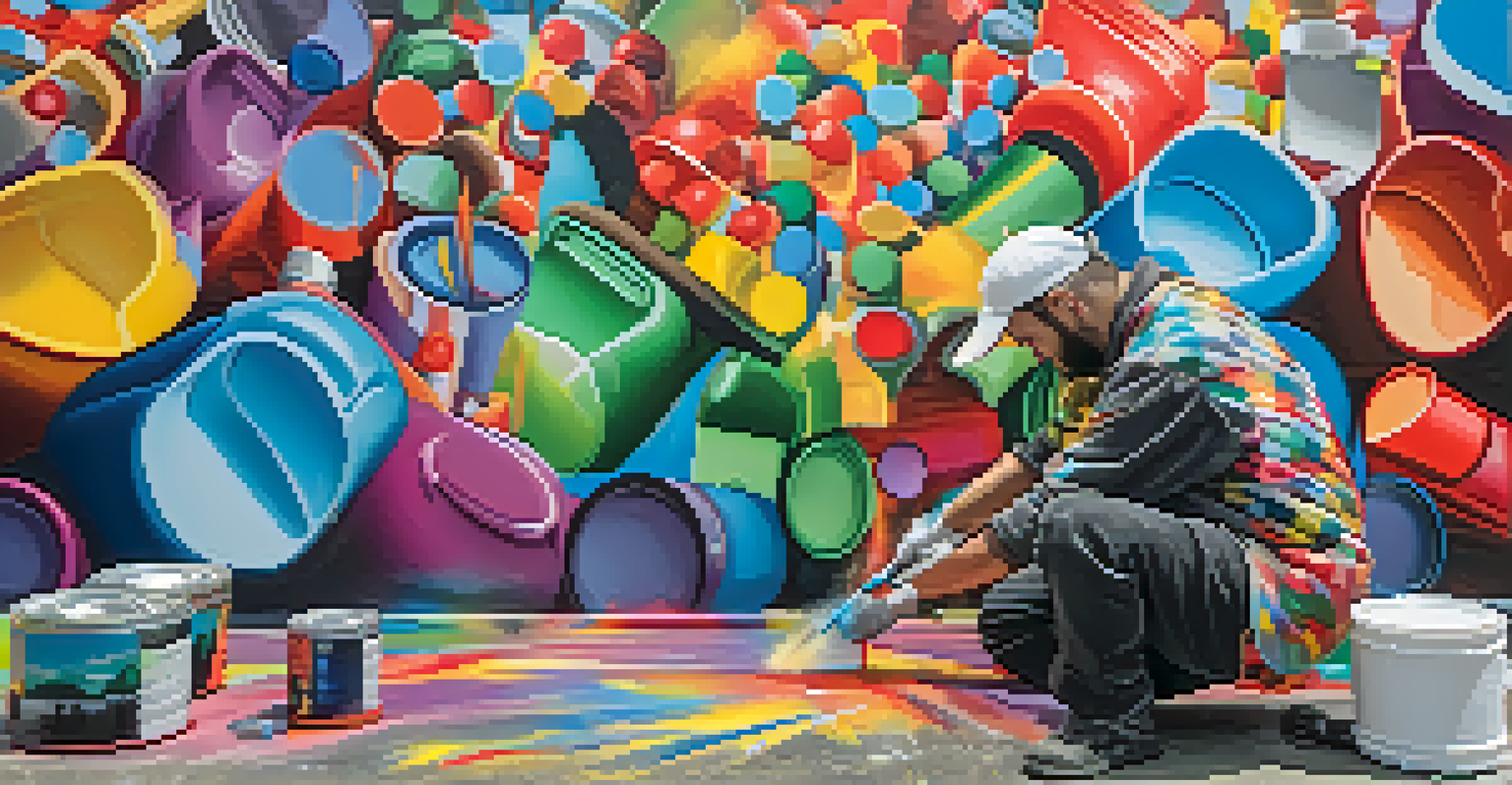 A close-up of a street artist painting a vibrant mural, surrounded by spray paint cans and colorful abstract designs.