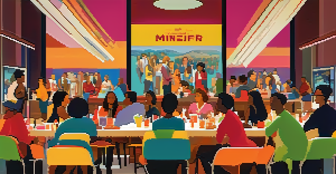 A lively film festival networking event with diverse attendees chatting under colorful banners and ambient lighting.