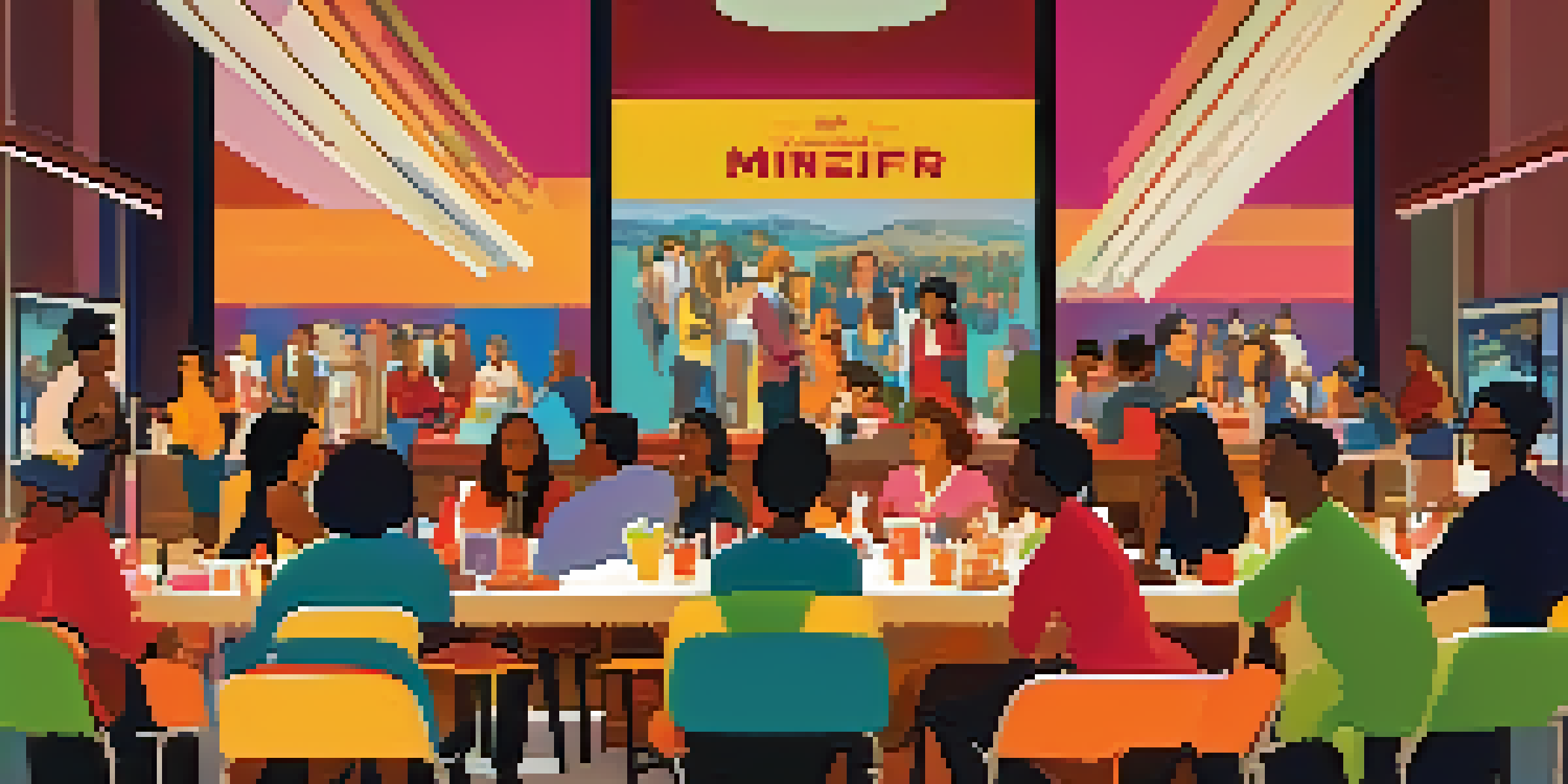 A lively film festival networking event with diverse attendees chatting under colorful banners and ambient lighting.