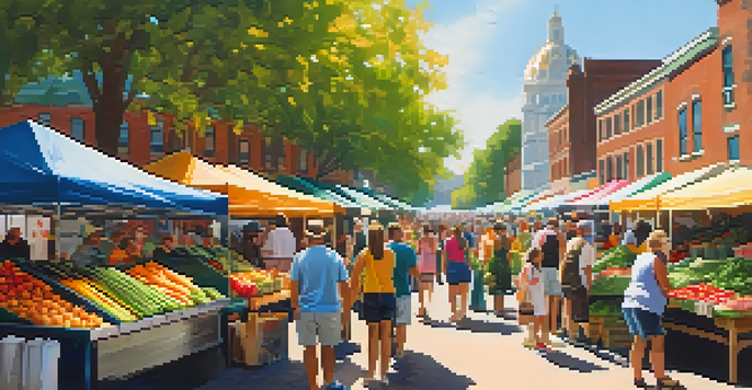 A lively Downtown Farmers' Market with colorful stalls of fresh produce and farmers engaging with customers under sunlight.