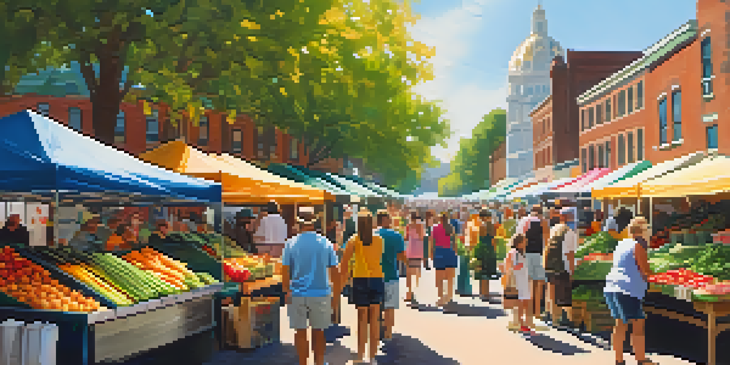 A lively Downtown Farmers' Market with colorful stalls of fresh produce and farmers engaging with customers under sunlight.