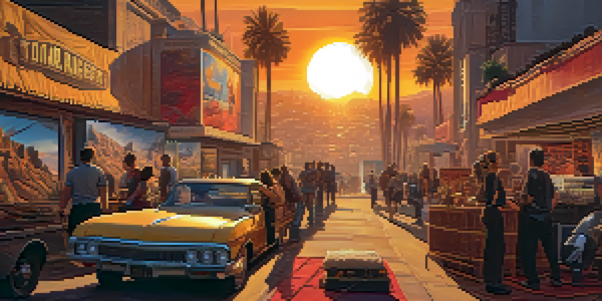 A busy Hollywood film set with crew members working, movie posters of video game adaptations in the background, and a golden sunset.