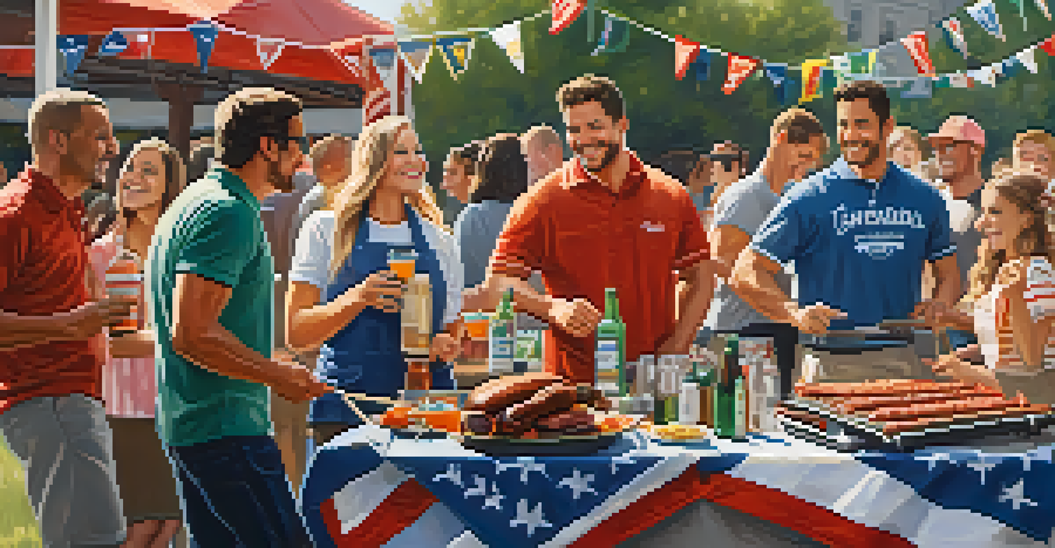 A lively outdoor tailgating scene with fans cooking, sharing drinks, and displaying team banners, under a sunny sky.