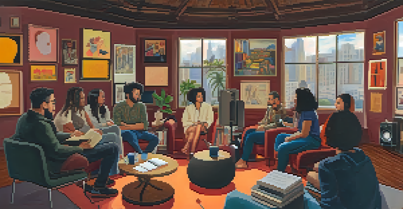 A podcast recording session with a Latin host speaking into a microphone and diverse guests in a cozy studio filled with books and art.