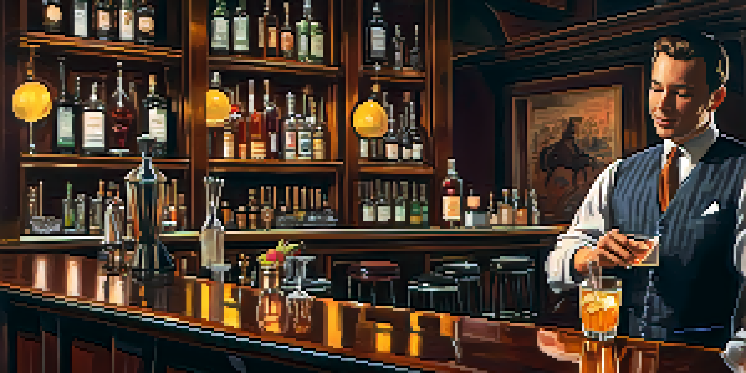 A cozy speakeasy bar with dim lighting, plush seating, and a mixologist preparing a cocktail, surrounded by vintage decor.