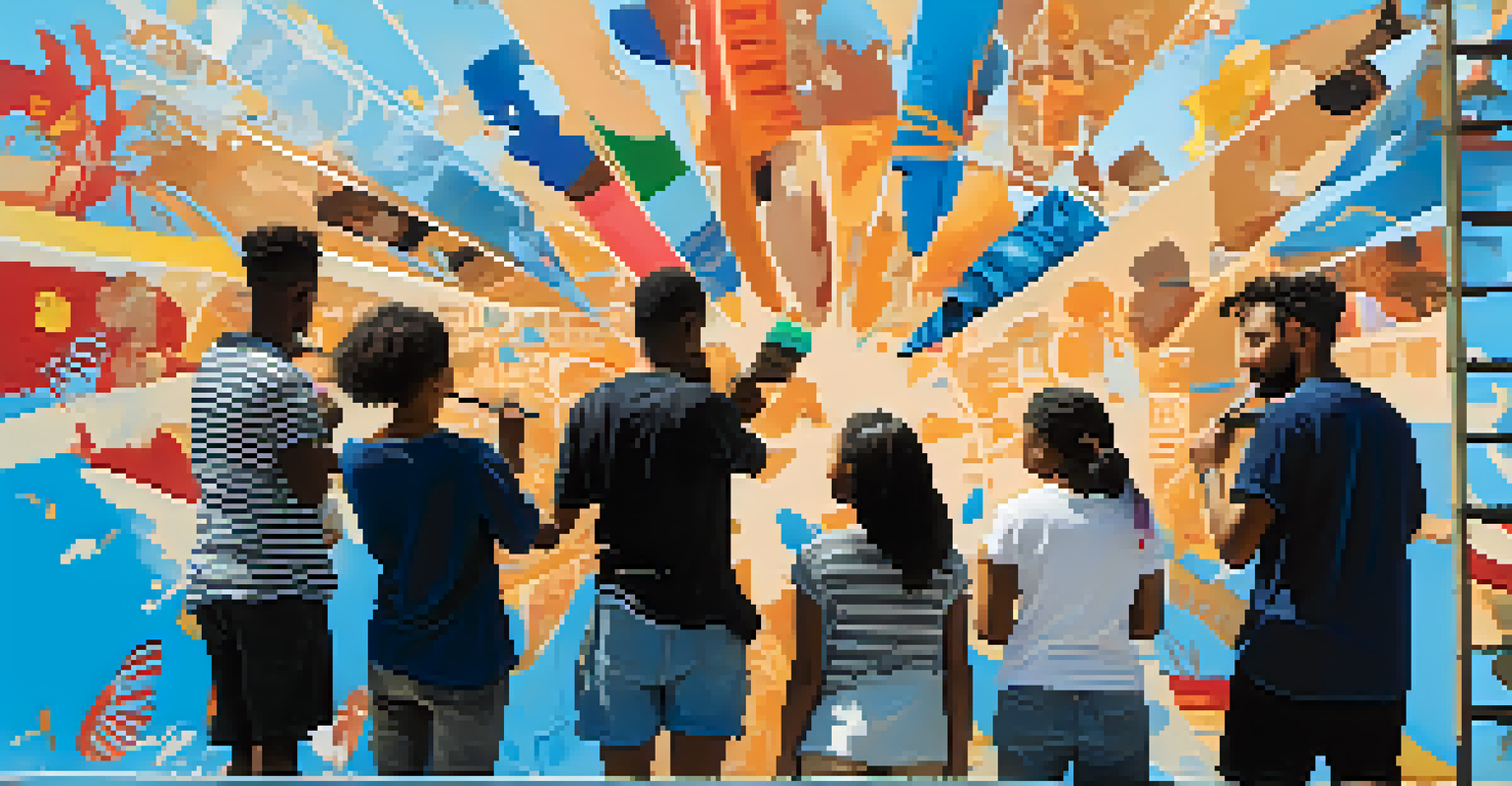 Diverse young artists working together on a large mural, showcasing cultural symbols and expressions of identity in an urban setting under a clear blue sky.
