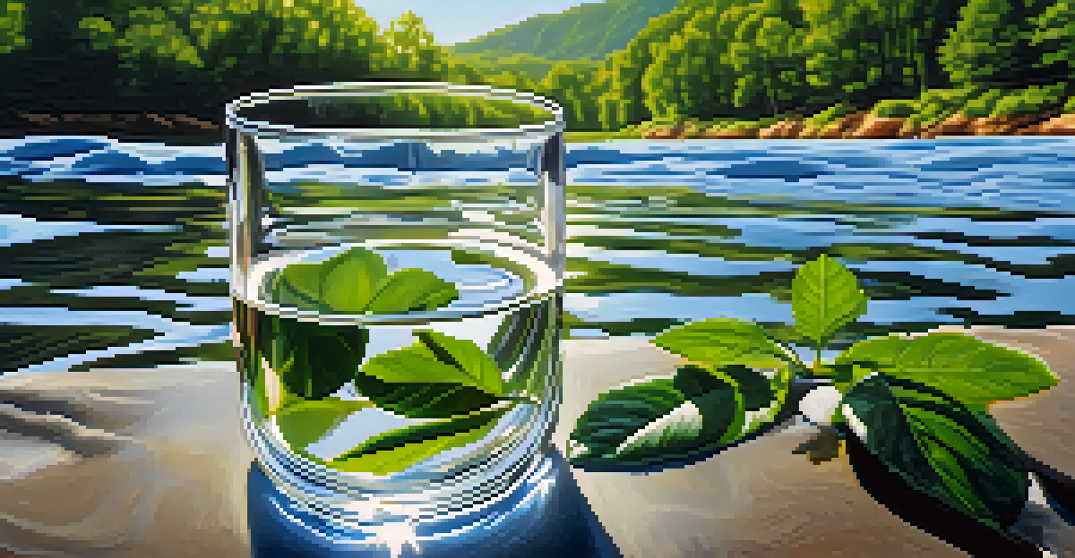 A glass of clean drinking water in front of a scenic river, emphasizing the importance of water quality for health.