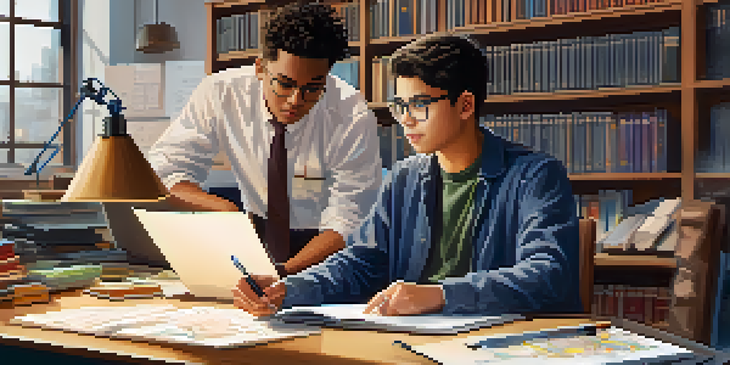 A student and a mentor engaged in a focused discussion about engineering, with a laptop displaying diagrams and a cozy, resourceful environment.