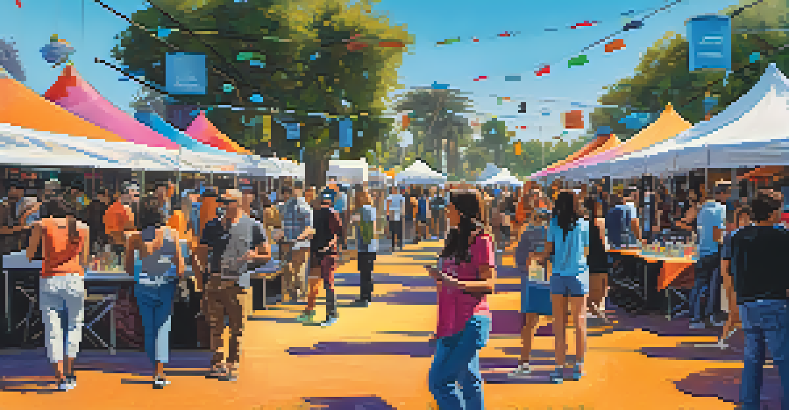An outdoor tech festival in Los Angeles, filled with colorful booths and attendees engaging with vendors and participating in workshops under a clear blue sky.