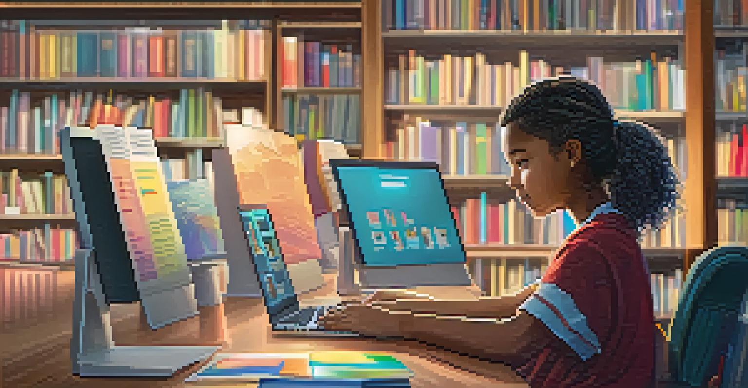 A close-up of a young student engaged in online learning at a library computer, surrounded by books.